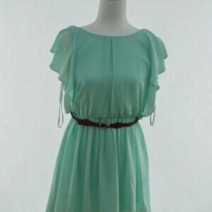 BCX Mint Green Chiffon Flutter Sleeve Belted Dress Size L